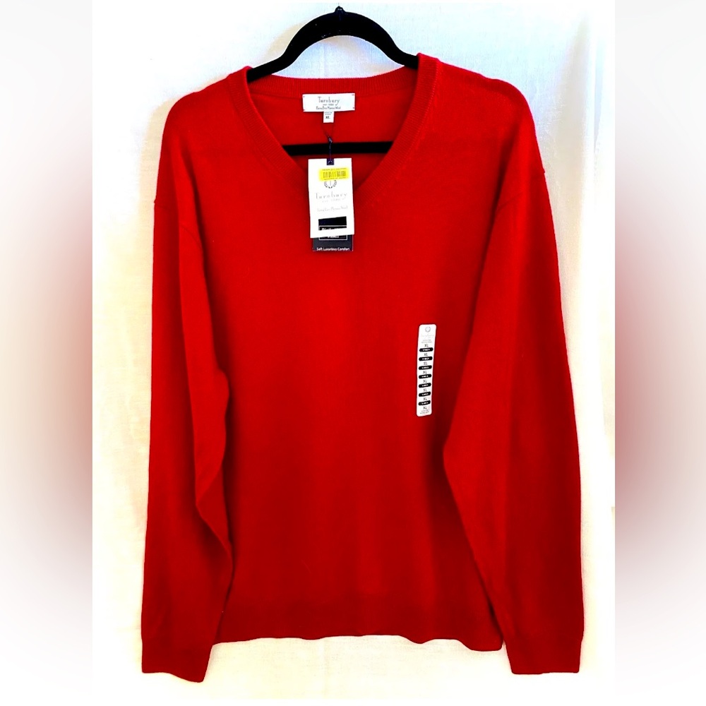 Turnbury NWT XL $70 Red Lightweight Merino Wool Pullover V-Neck Sweater With Tag